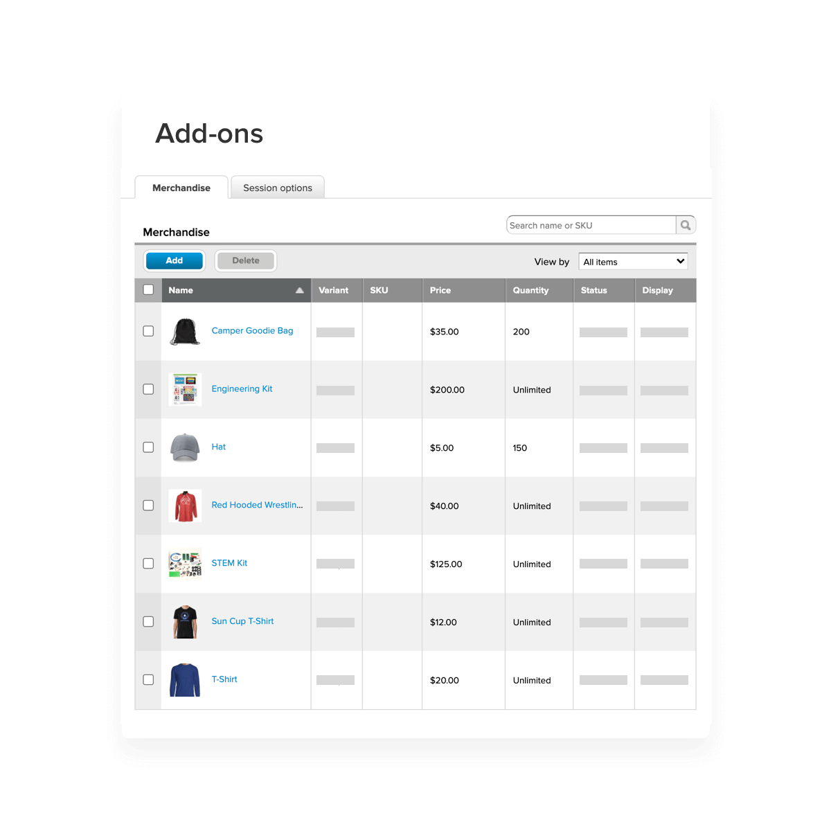 merchandise setup within camp and class manager